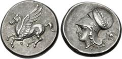 Greek CORINTHIA, Corinth. Circa 350/45-285 BC. AR Stater (21mm, 8.58 g, 1h). Pegasos flying left; koppa below / Helmeted head of Athena left, with laurel wreath on the helmet; A-P flanking neck trunca