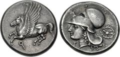 Greek CORINTHIA, Corinth. Circa 350/45-285 BC. AR Stater (20.5mm, 8.52 g, 9h). Pegasos flying left; koppa below / Helmeted head of Athena left; Γ below chin; to right, dove flying left within wreath. 