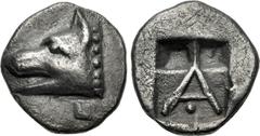 Greek ARGOLIS, Argos. Circa 480-460 BC. AR Obol (10mm, 0.88 g, 12h). Head of wolf left / Large A, with a pellet below the crossbar, within a shallow incuse square with two deep incuses above. BCD Pelo