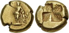 Greek MYSIA, Kyzikos. Circa 450-330 BC. EL Hekte – Sixth Stater (10.5mm, 2.64 g). Aphrodite standing half-left, leaning on column to right, before column Eros stands half-right; below, tunny left / Qu