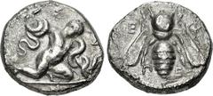 Greek IONIA, Ephesos. Symmachy coinage. Circa 405/4 BC. AR Tridrachm – Double Siglos (21mm, 10.93 g, 11h). The Herakliskos Drakonopnigon: the Infant Herakles crouching right, strangling a serpent coil