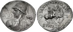 Oriental Greek BAKTRIA, Greco-Baktrian Kingdom. Eukratides I Megas. Circa 170-145 BC. AR Tetradrachm (33mm, 16.38 g, 12h). Diademed and helmeted heroic bust left, seen from behind, brandishing spear i