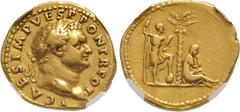 Roman Imperial Titus. AD 79-81. AV Aureus (19mm, 7.35 g, 6h). "Judaea Capta" commemorative. Rome mint. Struck under Vespasian, AD 72-73. T CAES IMP VESP PON TR POT, laureate head right / Palm tree wit