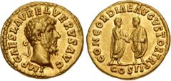 Roman Imperial Lucius Verus. AD 161-169. AV Aureus (19mm, 7.30 g, 1h). Rome mint. Struck under Marcus Aurelius and Lucius Verus, AD 161. Laureate head right / Lucius Verus and Marcus Aurelius, togate,