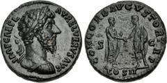 Roman Imperial Lucius Verus. AD 161-169. Æ As (25mm, 11.02 g, 11h). Rome mint. Struck under Marcus Aurelius and Lucius Verus, AD 161. Laureate and cuirassed bust right / Marcus Aurelius and Lucius Ver