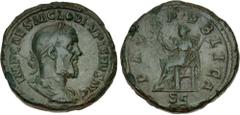 Roman Imperial Pupienus. AD 238. Æ Sestertius (31mm, 23.41 g, 6h). Rome mint. 1st emission. Laureate, draped, and cuirassed bust right / Pax seated left, holding olive branch and transverse scepter. R