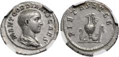 Roman Imperial Gordian III. As Caesar, AD 238. AR Denarius (20mm, 3.41 g, 11h). Rome mint. 1st emission of Balbinus & Pupienus. Bareheaded and draped bust right / Emblems of the pontificate: lituus, s