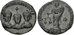 Roman Imperial Uncertain Fourth-Fifth Century Emperors. Circa late 4th-5th Centuries. Æ Exagium Solidi Weight (18.5mm, 4.32 g, 1h). Three draped and diademed imperial busts; cross above / Moneta stand