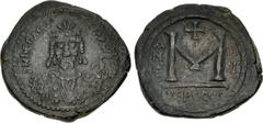 Byzantine Heraclius. 610-641. Æ Follis (31.5mm, 15.84 g, 5h). Jerusalem mint. Dated RY 4 (613/4). Crowned facing bust, wearing consular robes, holding mappa and eagle-tipped scepter / Large M, cross a