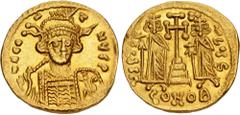 Byzantine Constantine IV Pogonatus, with Heraclius and Tiberius. 668-685. AV Solidus (18.5mm, 4.41 g, 6h). Constantinople mint, 6th officina. Struck 674-681. Helmeted and cuirassed bust facing slightl
