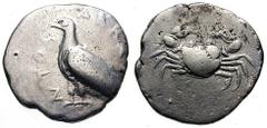 SICILY, Akragas Estimate $300 SICILY, Akragas. Circa 510-500 BC. AR Didrachm (8.59 gm). Eagle standing left / Crab. Jenkins, The Coinage of Gela, Group Ia; SNG ANS 908 (same obverse die). VF. ($300)