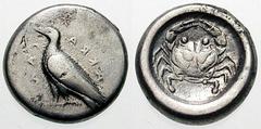 SICILY, Akragas Estimate $500 SICILY, Akragas. Circa 510-480 BC. AR Didrachm (8.16 gm). Eagle standing left / Crab. Jenkins, The Coinage of Gela, Group III; SNG ANS 930 (same obverse die). VF/Good VF.