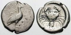 SICILY, Akragas Estimate $600 SICILY, Akragas. Circa 510-480 BC. AR Didrachm (8.36 gm). Eagle standing right / Crab; male head right below. Jenkins, The Coinage of Gela, Group IV, pl. 37, 18 (same die