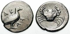 SICILY, Akragas Estimate $500 SICILY, Akragas. Circa 510-480 BC. AR Didrachm (8.45 gm). Eagle standing right / Crab. Jenkins, The Coinage of Gela, Group IV; SNG ANS 954. VF. ($500)