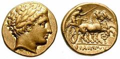 MACEDON, Kings of. Philip II Estimate $1200 MACEDON, Kings of. Philip II. 359-336 BC. AV Stater (8.60 gm). Pella mint. Circa 340-328 BC. Laureate head of Apollo right / Charioteer driving biga right, 