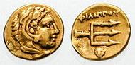 MACEDON, Kings of. Philip II Estimate $250  MACEDON, Kings of. Philip II. 359-336 BC. AV 1/8th Stater (1.05 gm). Pella mint. Circa 345/2-328 BC. Head of Herakles right, wearing lion's skin headdress /