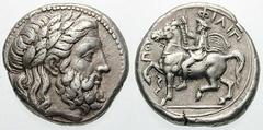 MACEDON, Kings of. Philip II Estimate $1000  MACEDON, Kings of. Philip II. 359-336 BC. AR Tetradrachm (14.39 gm). Amphipolis mint. Struck circa 355-349/8 BC. Laureate head of Zeus right / Philip II on