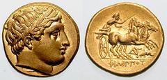 MACEDON, Kings of. Philip II Estimate $2000  MACEDON, Kings of. Philip II. 359-336 BC. AV Stater (8.55 gm). Abydos mint. Struck circa 323-319 BC. Laureate head of Apollo right with long hair / FILIPPO