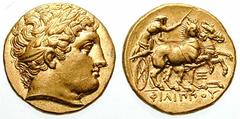 MACEDON, Kings of. Philip II Estimate $3000  MACEDON, Kings of. Philip II. 359-336 BC. AV Stater (8.61 gm). Abydos mint. Circa 323-316 BC. Laureate head of Apollo right with long hair / FILIPPOU in ex