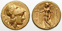 MACEDON, Kings of. Philip III Estimate $1500 MACEDON, Kings of. Philip III. 323-317 BC. AV Stater (8.59 gm). Lampsakos mint. Helmeted head of Athena right; serpent on helmet / Nike standing left, hold