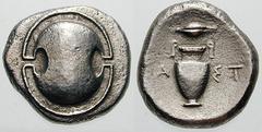 BOEOTIA, Thebes Estimate $150 BOEOTIA, Thebes. Circa 395/390-338 BC. AR Stater (11.44 gm). Boeotian shield / Amphora; FA left, ST right, kernel of grain above. Hepworth, "The 4th Century BC Magistrate