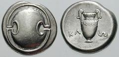 BOEOTIA, Thebes Estimate $300 BOEOTIA, Thebes. Circa 395/390-338 BC. AR Stater (12.02 gm). Boeotian shield / Amphora; KL left, IW[N] right. Hepworth, "The 4th Century BC Magistrate Coinage of the Boio