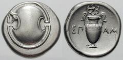 BOEOTIA, Thebes Estimate $400 BOEOTIA, Thebes. Circa 395/390-338 BC. AR Stater (11.88 gm). Boeotian shield / Amphora; EP left, AM/I right, rose above. Hepworth, "The 4th Century BC Magistrate Coinage 