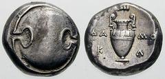BOEOTIA, Thebes Estimate $300 BOEOTIA, Thebes. Circa 395/390-338 BC. AR Stater (12.32 gm). Boeotian shield / Amphora; ÐA/K left, MO/L right, club to the right above. Hepworth, "The 4th Century BC Magi