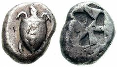 AEGINA Estimate $400 AEGINA. Circa 525-500 BC. AR Stater (12.08 gm). Sea turtle / "Mill-Sail" -- eight-part divided punch, four incuse and four raised sections. SNG Delepierre 1502. Toned VF, reverse 