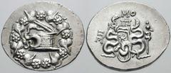 MYSIA, Pergamon. Estimate $200 MYSIA, Pergamon. Circa 76-67 BC. AR Cistophoric Tetradrachm (12.34 gm). Cista mystica with serpent; all within ivy wreath / Bow-case with serpents; snake-entwined staff 