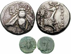 IONIA, Ephesos Estimate $300 IONIA, Ephesos Circa 387-295 BC. AR Tetradrachm (14.39 gm). Bee with straight wings / Forepart of a stag right, palm tree left; magistrate GORGWPAS magistrate. BMC Ionia p