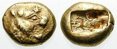 LYDIA, Kings of. Uncertain King. Estimate $750 LYDIA, Kings of. Uncertain King. Before 561 BC. EL Third Stater - Trite (4.74 gm). Head of roaring lion right, knob with four rays on forehead / Double i