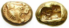LYDIA, Kings of. Uncertain King. Estimate $1000 LYDIA, Kings of. Uncertain King. Before 561 BC. EL Third Stater - Trite (4.71 gm). Head of roaring lion right, knob with four rays on forehead / Double 