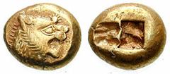 LYDIA, Kings of. Uncertain King. Estimate $500 LYDIA, Kings of. Uncertain King. Before 561 BC. EL Third Stater - Trite (4.72 gm). Head of roaring lion right, knob with multiple rays on forehead / Doub