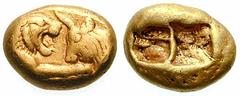 LYDIA, Kings of. Time of Kroisos. Estimate $5000 LYDIA, Kings of. Time of Kroisos. 561-546 BC or later. AV Stater (10.71 gm). Heavy Series. Struck at Sardes. Confronted foreparts of lion facing right 