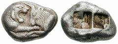 LYDIA, Kings of. Time of Kroisos. Estimate $1000 LYDIA, Kings of. Time of Kroisos. Circa 561-546 BC. AR Stater (Double Siglos) (10.44 gm). Confronted foreparts of lion and bull / Double incuse punch. 