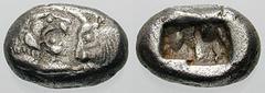 LYDIA, Kings of. Time of Kroisos. Estimate $300 LYDIA, Kings of. Time of Kroisos. Circa 561-546 BC. AR Half-Stater - Siglos (5.24 gm). Confronted foreparts of a roaring lion and a bull / Double incuse