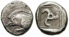 LYCIA, Dynasts of. Uncertain. Estimate $400 LYCIA, Dynasts of. Uncertain. Circa 500-480 BC. AR Stater (8.64 gm). Forepart of a boar left / Triskeles within incuse square. SNG von Aulock 4059. Good VF,