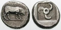 LYCIA, Dynasts of. Uncertain. Estimate $400 LYCIA, Dynasts of. Uncertain. Circa 500-460 BC. AR Stater (8.29 gm). Bull walking right / Triskeles within incuse square. Not published in the standard refe