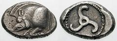 LYCIA, Dynasts of. Uncertain. Estimate $400 LYCIA, Dynasts of. Uncertain. Uncertain. Circa 500-460 BC. AR Stater (9.05 gm). Forepart of boar left / Triskeles within incuse circle. Not published in the