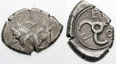 LYCIA, Dynasts of. Kuprilli. Estimate $600  LYCIA, Dynasts of. Kuprilli. Circa 470-440 BC. AR Stater (8.36 gm). Conjoined foreparts of two bull's, back to back; triskeles above / Triskeles within incu