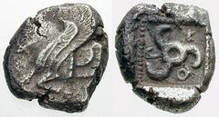 LYCIA, Dynasts of. Kuprilli. Estimate $400 LYCIA, Dynasts of. Kuprilli. Circa 470-440 BC. AR Stater (8.21 gm). Forepart of a winged, horned bull left; triskeles above / Triskeles within incuse square.