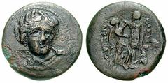 SYRIA, Seleukid Kings. Antiochos I. Estimate $300 SYRIA, Seleukid Kings. Antiochos I. 280-261 BC. Æ 22mm (6.77 gm). Seleukia on the Tigris mint. Three-quarter facing head of Apollo, wearing laurel wre