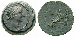 SYRIA, Seleukid Kings. Antiochos IV. Estimate $150 SYRIA, Seleukid Kings. Antiochos IV.175-164 BC. Æ 19mm (7.51 gm). Seleukia on the Tigris mint. Radiate head right; B/X behind / Goddess seated left, 