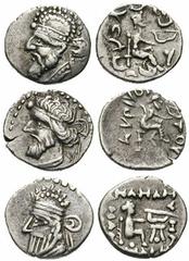 PARTHIA, Kings of. Vologases I. Estimate $250 PARTHIA, Kings of. Vologases I. 51-78 AD. AR Diobol (0.84 gm). Mint in Persis. Diademed bust left / KURIU O[LIGASOU] TOU, archer seated. Shore 379; Sellwo