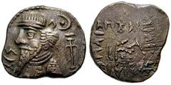 ELYMAIS. Orodes I. Circa 57-38 BC or later(?). Estimate $500 ELYMAIS. Orodes I. Circa 57-38 BC or later(?). Billon Tetradrachm (15.57 gm). Diademed bust left; star and crescent, pellet and anchor behi