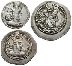 SASANIAN. Shapur II. Estimate $200  SASANIAN. Shapur II.309-379 AD. AR Drachm (3.91 gm). 'AH' Hamadan mint(?) Crowned bust / Fire altar with bust of Ahura-Mazda with attendants, "RAST" on altar. Göbl 