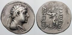 BAKTRIA, Graeco-Baktrian Kings. Demetrios II. Estimate $300 BAKTRIA, Graeco-Baktrian Kings. Demetrios II. Circa 175-170 BC. AR Tetradrachm (16.52 gm). Diademed and draped bust right / Athena standing 