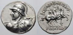 BAKTRIA, Graeco-Baktrian Kings. Eukratides I. Estimate $2500  BAKTRIA, Graeco-Baktrian Kings. Eukratides I. Circa 171-145 BC. AR Tetradrachm (16.95 gm). Heroic bust of Eukratides left, wearing crested
