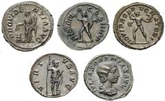 Lot of 5 late Severan denarii Estimate $300 Lot of 5 late Severan denarii. Includes: Julia Soaemias, mother of Elagabalus. Venus. RSC 8c. Toned, good VF. Ex Grün Auktion 12 (10 November 1994), lot 753